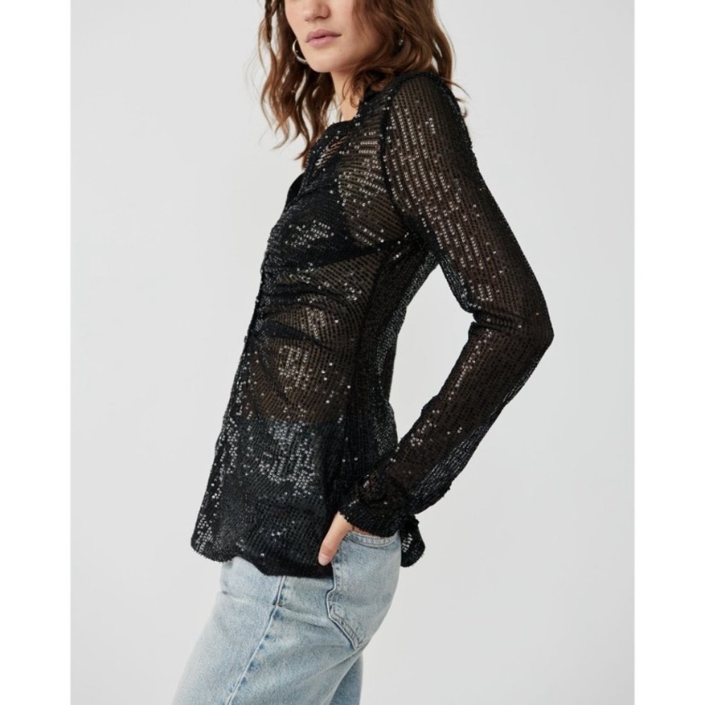 ✨NWT✨ Free People, Sequin Shirtee, Black/Noir, Size XL - Picture 6 of 13